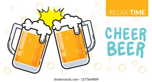 vector of two glass of beer clinking for celebration party with text relax time, cheer beer