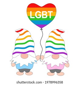 Vector - Two Gnome wearing rainbow hat and holding LGBT Pride heart balloon. Lesbian, bisexual, Love and  relationship concept.