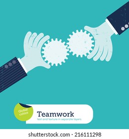 Vector two hands with gears. Vector illustration Eps10 file. Global colors. Text and Texture in separate layers.