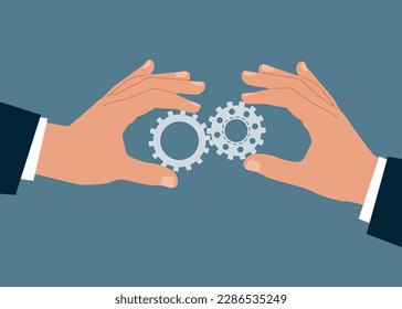 Vector two hands with gears. Modern vector illustration in flat style.