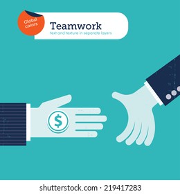 Vector two hands offering money. Vector illustration Eps10 file. Global colors. Text and Texture in separate layers.