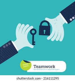 Vector two hands with padlock and key. Vector illustration Eps10 file. Global colors. Text and Texture in separate layers.