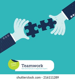 Vector two hands with puzzle. Vector illustration Eps10 file. Global colors. Text and Texture in separate layers.