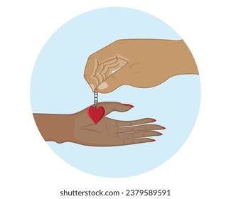 vector of two hands where the man's upper hand is giving red love heart earrings while the woman's lower hand is opening her palm to receive it