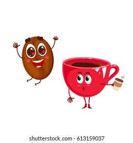 Vector two happy characters. Cup of coffee and jumping coffee bean. Isolated on white background.