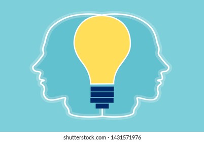 Vector of two heads silhouette with bright light bulb inside connecting them. Creative teamwork concept 