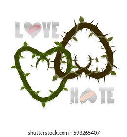vector two hearts intertwined. spines in different directions. inscriptions of love and hate. trace of lipstick.