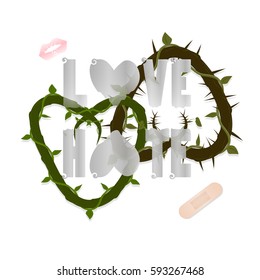 vector two hearts intertwined. spines in different directions. inscriptions of love and hate