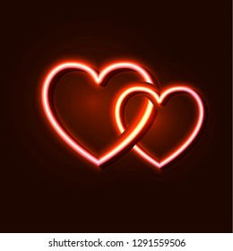 Vector Two Hearts, Love Symbol, Glowing Neon Illustration Isolated on Dark Background.