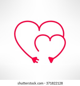 Vector two hearts made from electric line with plug. Love connection concept