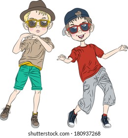 Vector two hipster guys  in a hat and glasses dancing