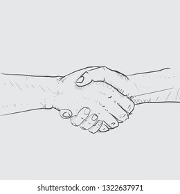 Vector Two Humans Shaking Hands. Hand Drawn Illustration. Professional Cross Hatch Silhouette In Black And White Technique. Pencil Shaded Artwork.