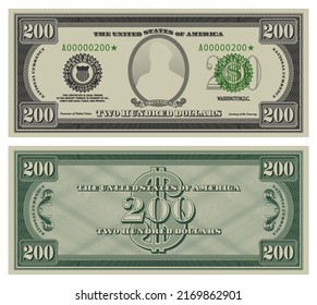 Vector two hundred dollars banknote. Gray obverse and green reverse fictional US paper money in style of vintage american cash. Frame with guilloche mesh and bank seals. Rutherford svg