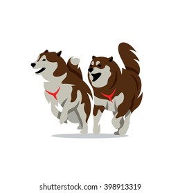 Vector Two Husky Dog Cartoon Illustration. Siberian Sled Dogs. Branding Identity Corporate Unusual Logo Isolated On A White Background