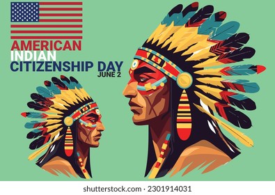  vector of two indian man half body with american flag and bold text to celebrate american indian citizenship day on june 2. isolated on soft blue background