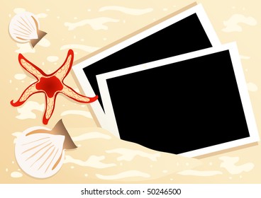 Vector of two instant photos with red starfishes and seashells near by on