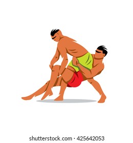 Vector Two Kabaddi players. Cartoon Illustration. Indian game. Struggle between two people. Branding Identity Corporate unusual Logo isolated on a white background