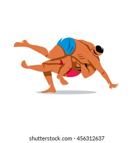 Vector Two Kabaddi players. Cartoon Illustration. Indian game. Struggle between two people. Unusual Logo template isolated on a white background