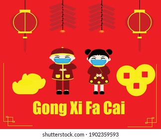 A vector of two kids celebrating Chinese New Year during covid-19 pandemic concept. In illustration mention Happy Chinese New Year in Chinese word