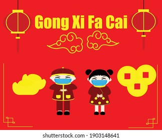 A vector of two kids celebrating Chinese New Year during covid-19 pandemic concept. In illustration mention Happy Chinese New Year in Chinese word