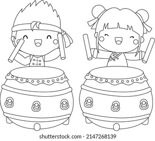 
A Vector Of Two Kids Playing Drums In Black And White Colors