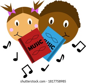 A Vector with two kids singing from a music book with notes surrounding them