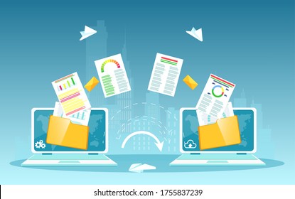 Vector of two laptops and financial file transfer process from one into another with folders on a screen 