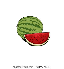 Vector of two large watermelons which are green in color and the other one is split open and you can see the contents are dark red