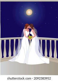 Vector of two LGBTQ brides in big red heart and moon background, long white dresses, a bouquet of flowers, a holiday celebration, wedding