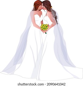 Vector of two LGBTQ brides, long white dresses, a bouquet of flowers, a holiday celebration, wedding