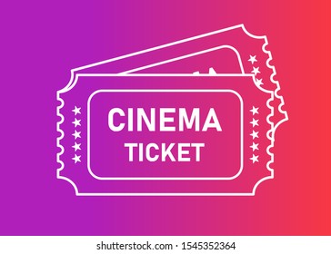 Vector two line white designed cinema tickets close up top view isolated on gradient background. Vector illustration.