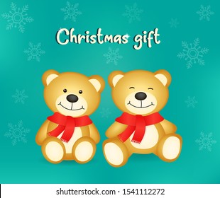 vector of two little brown bears very cute wearing scarves and looking happy. Blue background surrounded by snowflakes. Teddy for a Christmas gift.