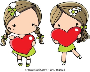 vector dos niñas pequeñas con amor en forma de corazón 