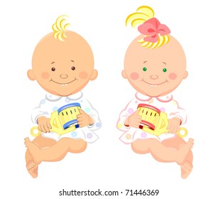 Vector two little kids with a rattle in their hands are sitting and smiling