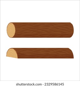 vector with two long logs. whole and cut log and cut in half brown