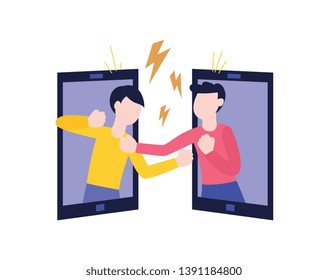 Vector two of male characters fighting punching each other from tablet screenes. Angry men expressing violence and aggression via internet. Pissed off people in conflict situation illustration.