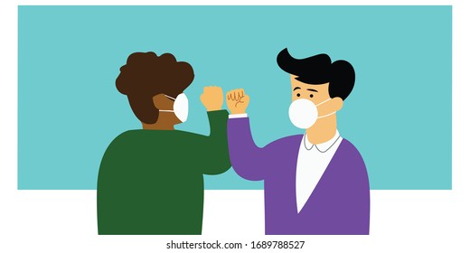 Vector of  two man make arm touching protection coronavirus covid 19.