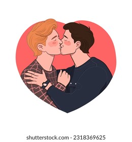 Vector two men gay kisses, LGBT love couple concept,hand drawn pride month flat illustration. Pride month. Valentines day cards template. Man kiss isolated on white