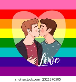 Vector dos hombres besos gays, concepto de pareja de amor LGBT, ilustración plana del mes del orgullo dibujada a mano. Mes del orgullo. Plantilla de tarjetas de San Valentín. Beso de hombre aislado en tarjetas blancas