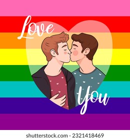  Vector two men gay kisses, LGBT love couple concept, hand drawn pride month flat illustration. Pride month. Valentines day cards template. Man kiss isolated on white card valentine