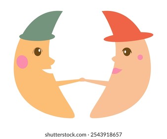 Vector de dos personajes de la luna tomados de la mano con caras sonrientes.