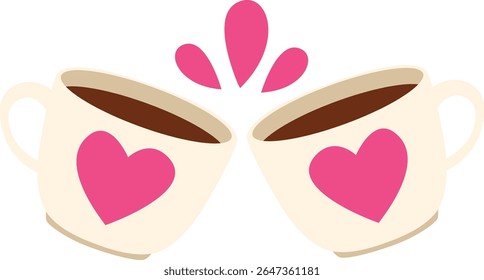 Vector of two mugs with pink hearts clinking together, symbolizing a toast of affection and joy, ideal for romantic themed content.