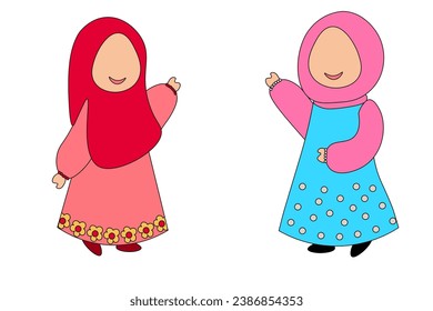 Vector of two Muslim children greeting each other. suitable for children's book illustrations.