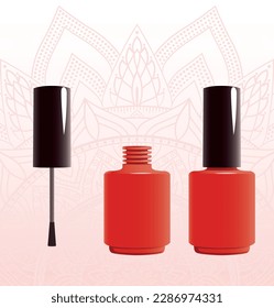 Vector of two nail paint bottles, one open and one close, a mandala in the background, halftone