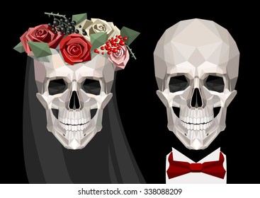 vector two newlywed skulls with wreath and suit