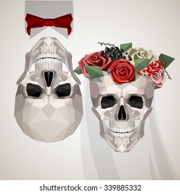 vector two newlywed skulls with wreath and suit