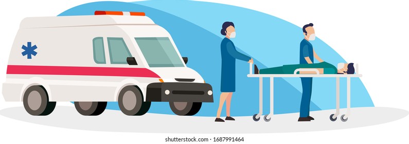 Vector of two nurses who bring patients into the hospital after being taken by ambulance