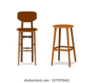 Vector two ocher, brown wooden bar stools with leather seats front view isolated on white background