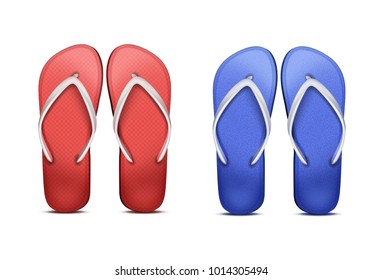 Vector two pair of red and blue beach flip-flops wedge flip havaianas sandals isolated on white background