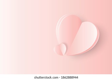 Vector two paper hearts shape on pastel pink background with copy space. Sweet love concept.